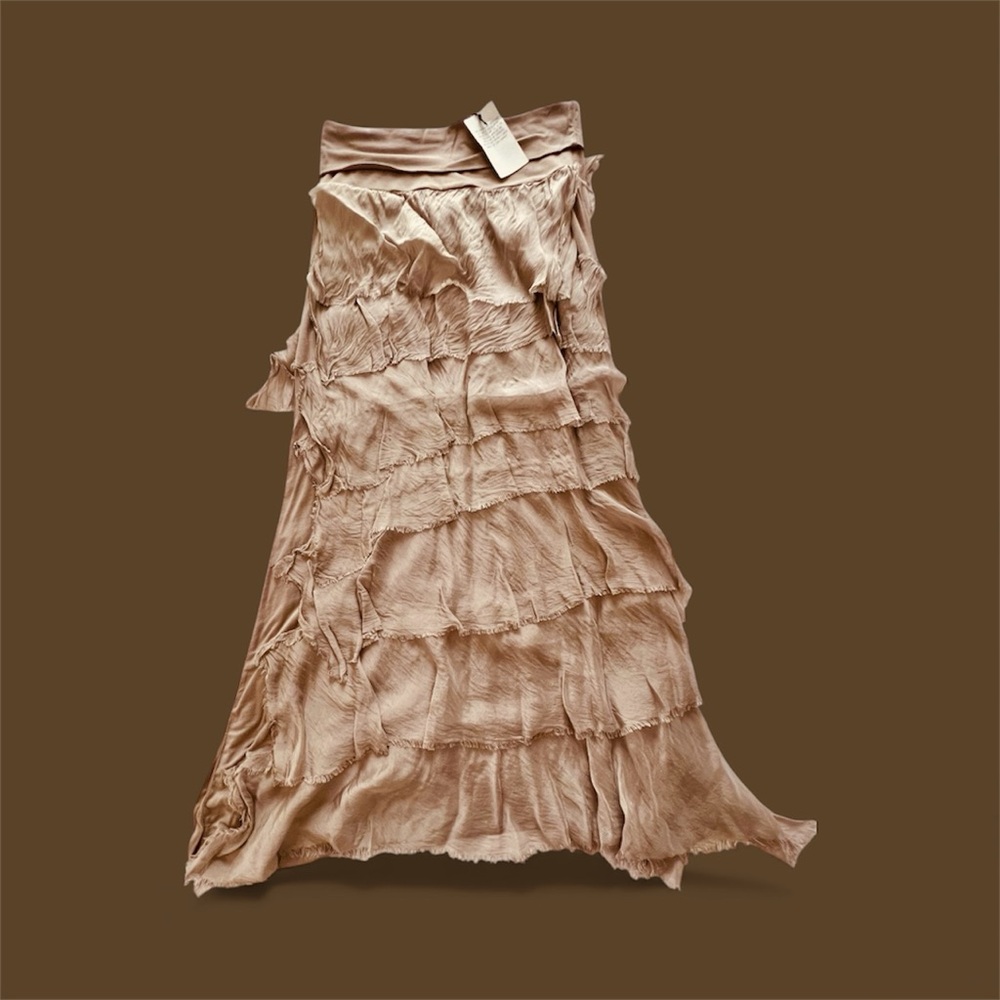 Gigi Moda Raw Silk Frayed Layered Pull-On MIDI Skirt | Taupe | OS Fits 2-10